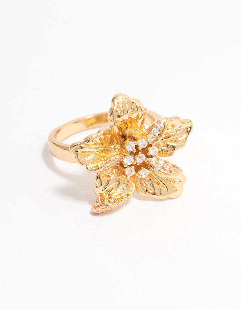 Gold Plated Cubic Zirconia Bling Flower Ring - Lovisa