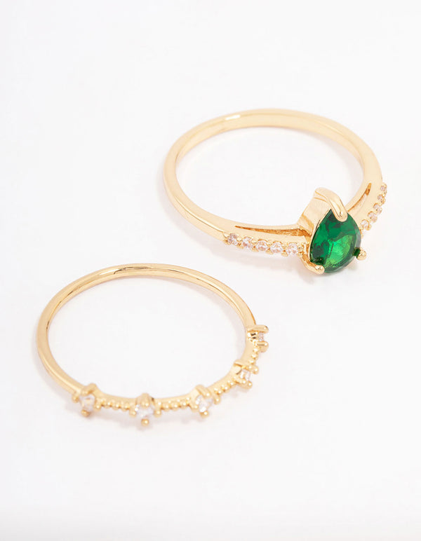 Featuring gold plated elegant pear triple stacking rings with cubic zirconia in dainty style close up view