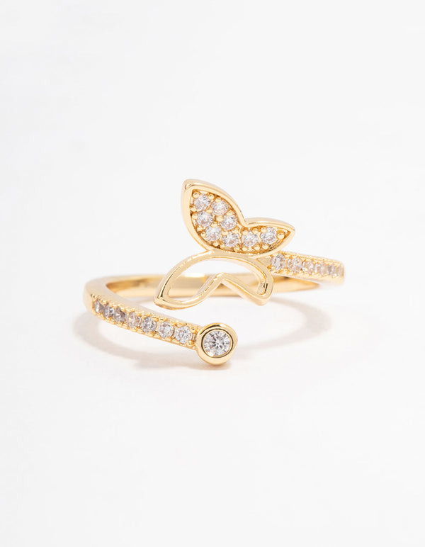 Featuring a gold plated butterfly cubic zirconia wrapped ring front view