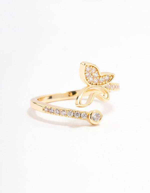Showcasing a gold plated butterfly cubic zirconia wrapped ring side detail view