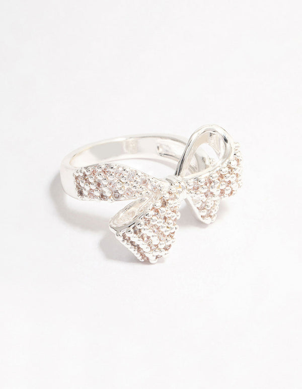 Showcasing a silver plated precious bow ring featuring cubic zirconia front view