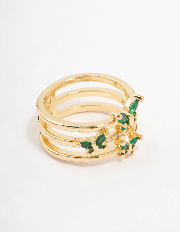 Showcasing a triple butterfly band ring crafted from plated material with emerald cut stones in green and clear side detail view