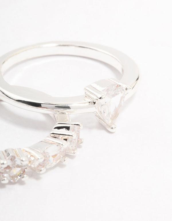 Beautifully crafted silver plated alternating pear stacking rings featuring stone cut gemstones close up view