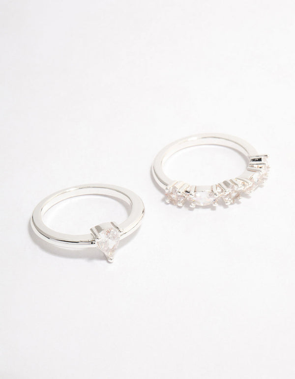 Silver plated alternating pear stacking rings with stone cut details front view