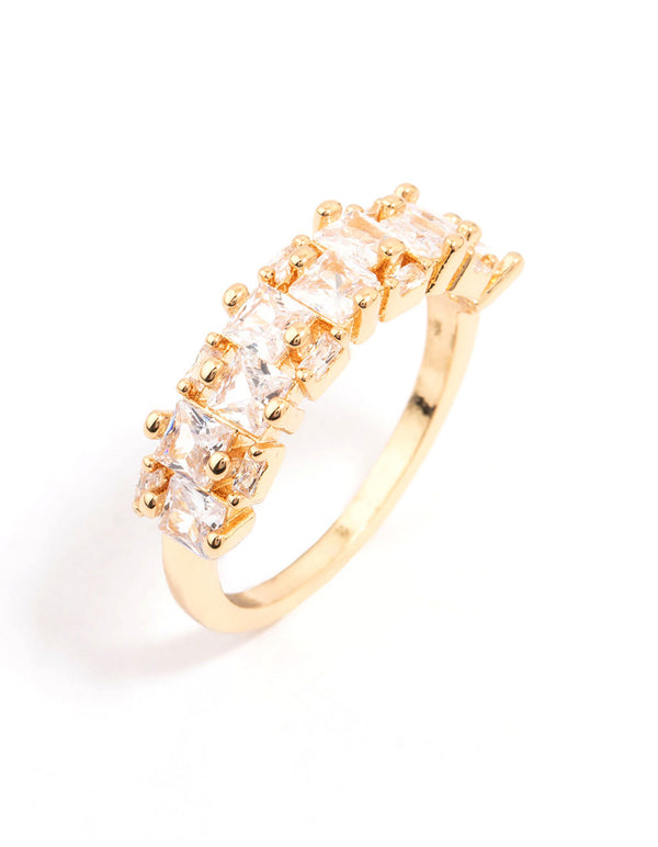 Elegant gold plated staggered cubic zirconia band ring featuring dainty craftsmanship in front view