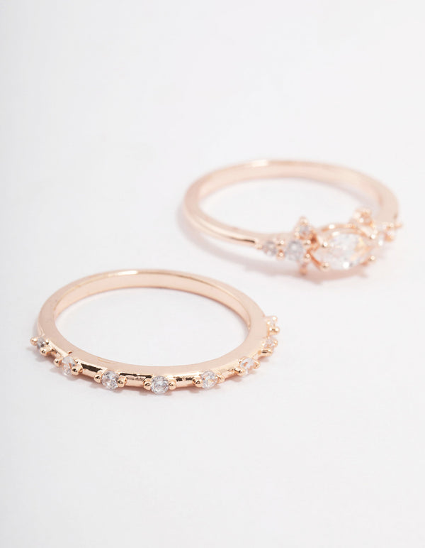 Elegant rose gold marquise stacking ring in a 3-pack close up view