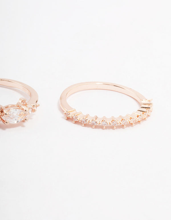 Elegant rose gold marquise stacking ring in a 3-pack close up view