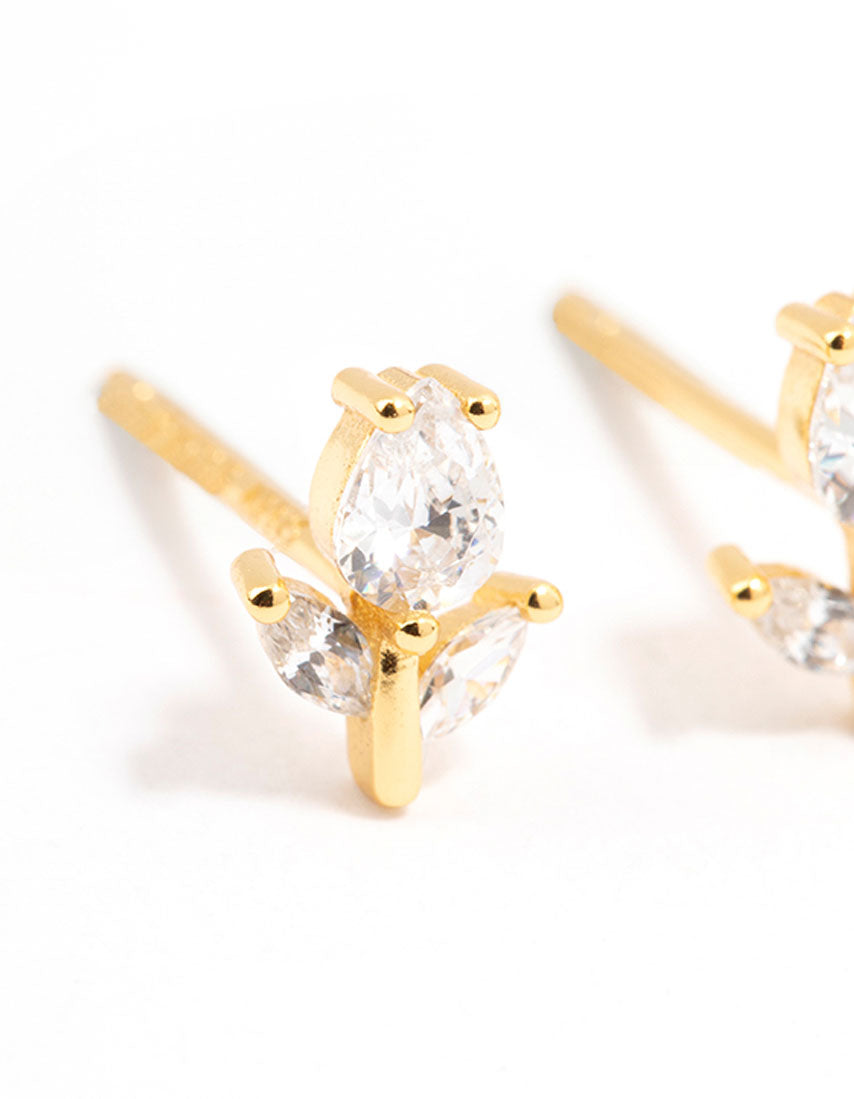 Gold Plated Sterling Silver Cubic Zirconia Flower Stem Stud Earrings