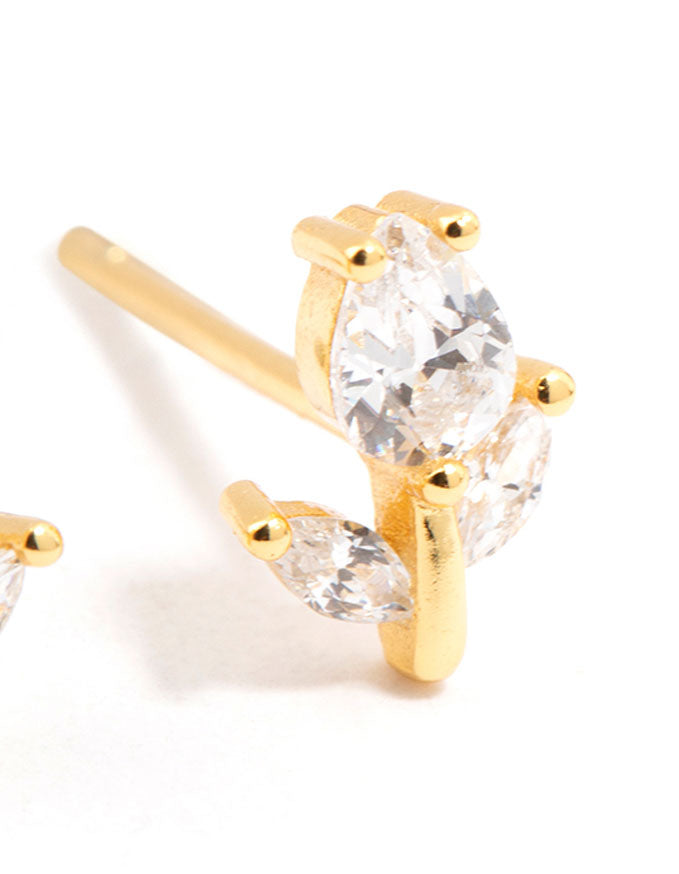 Gold Plated Sterling Silver Cubic Zirconia Flower Stem Stud Earrings