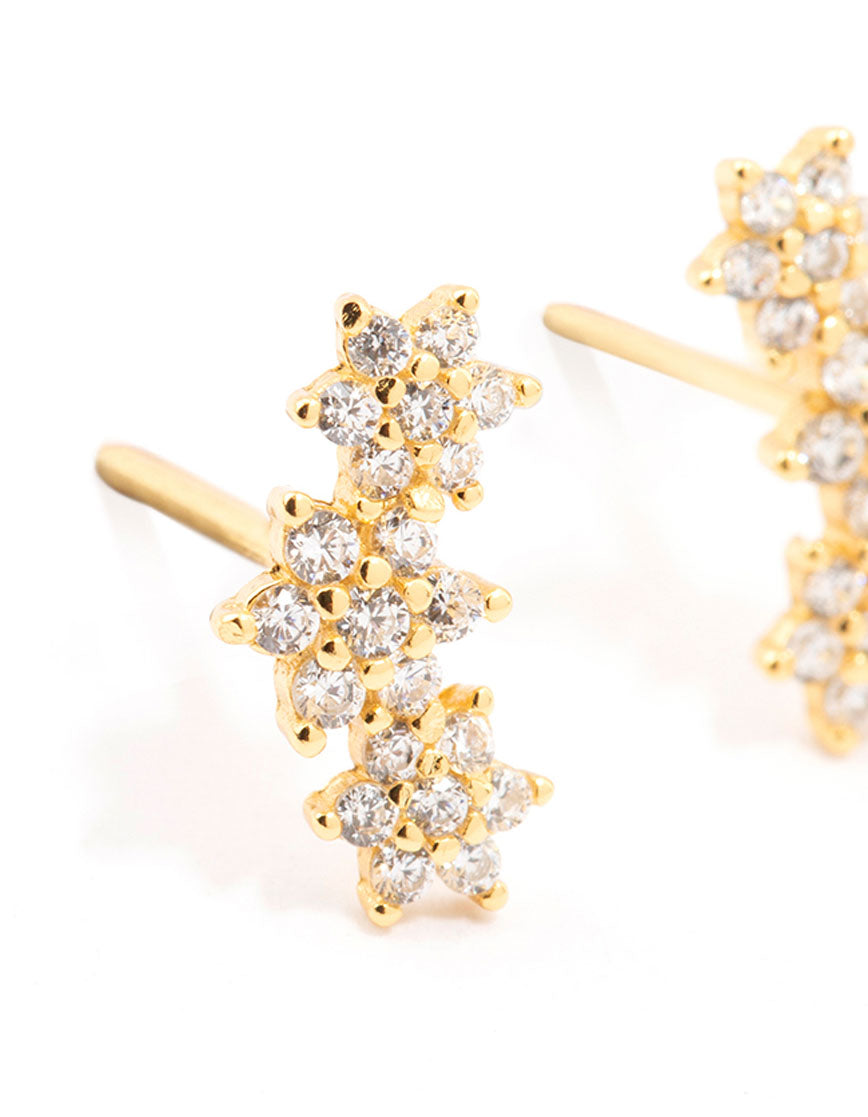Gold Plated Sterling Silver Cubic Zirconia Flower Trio Stud Earrings