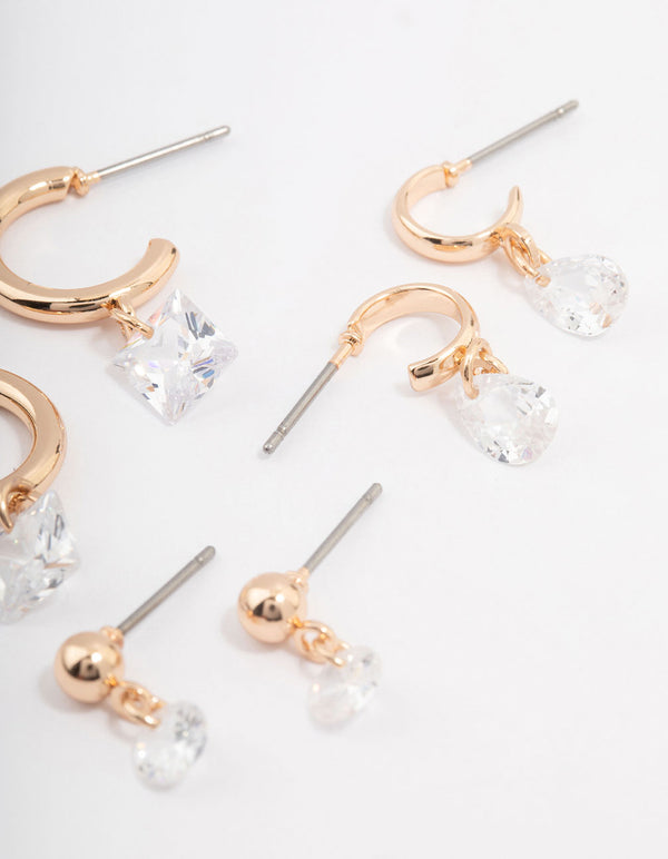 Gold Cubic Zirconia Diamante Stud & Hoop Earring 3-Pack