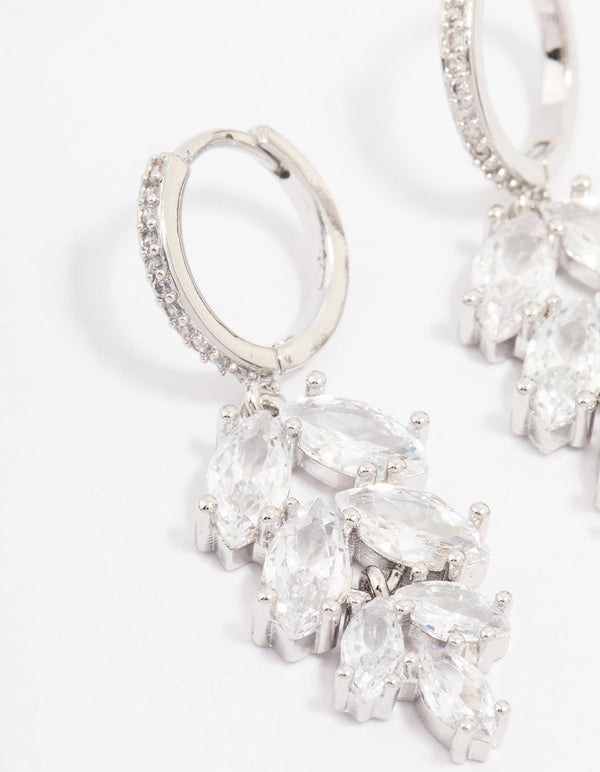 Silver Cubic Zirconia Leaf Huggie Drop Earrings