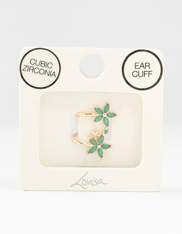 Gold Cubic Zirconia Double Large Flower Ear Cuff