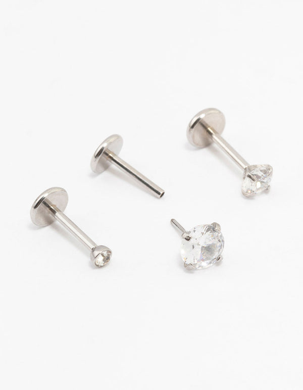 Surgical Steel Graduating Cubic Zirconia Threadless Flat Back Studs 3-Pack