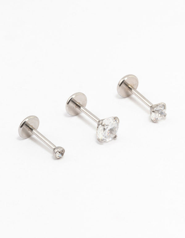 Surgical Steel Graduating Cubic Zirconia Threadless Flat Back Studs 3-Pack
