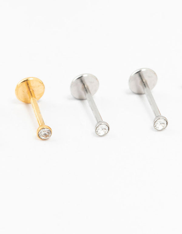 Mixed Metal Plated Surgical Steel Mini Diamante Threadless Flat Back Studs 6-Pack