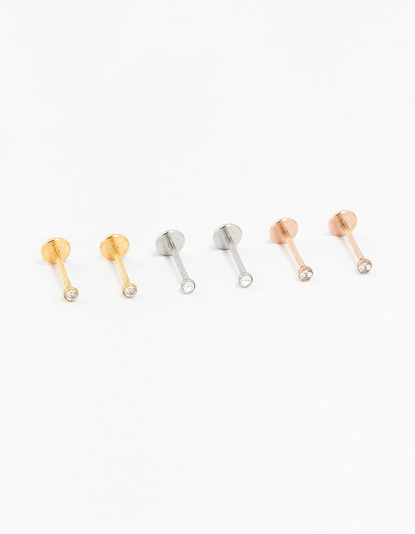 Mixed Metal Plated Surgical Steel Mini Diamante Threadless Flat Back Studs 6-Pack
