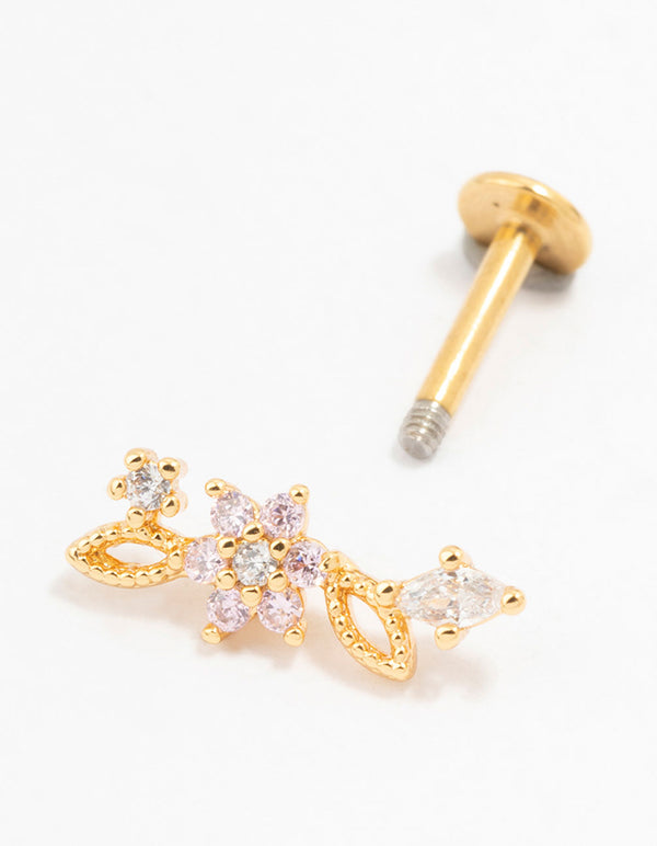 Gold Plated Surgical Steel Flower & Leaf Flat Back