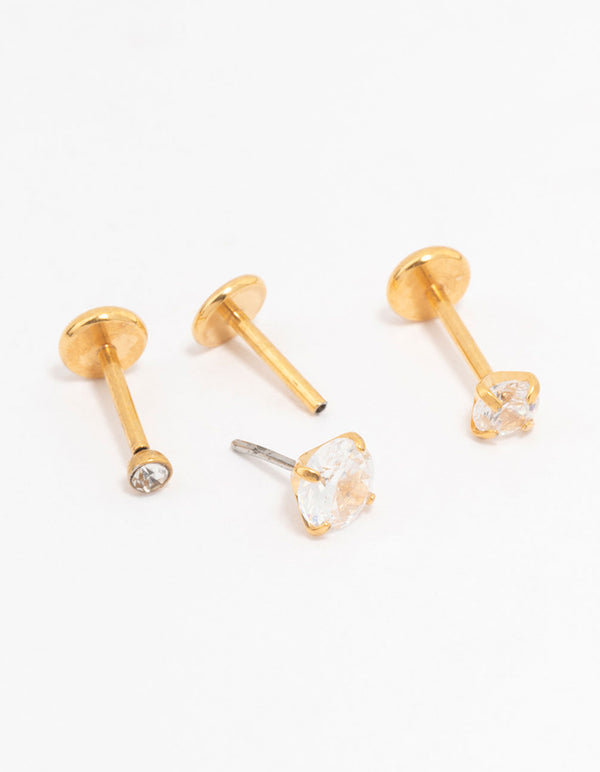 Gold Plated Surgical Steel Cubic Zirconia Threadless Flat Back Studs 3-Pack
