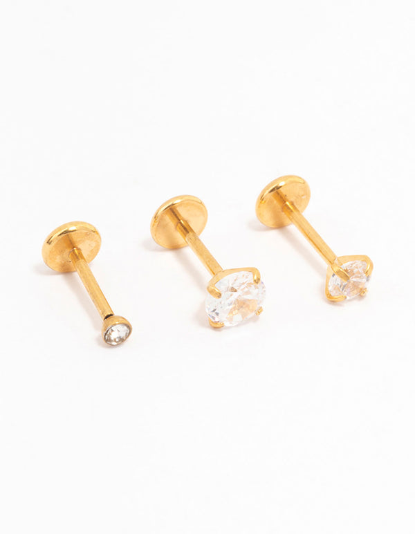 Gold Plated Surgical Steel Cubic Zirconia Threadless Flat Back Studs 3-Pack