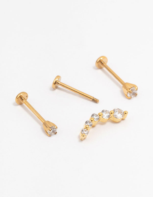 Gold Plated Surgical Steel Cubic Zirconia Crawler Flat Backs 3-Pack