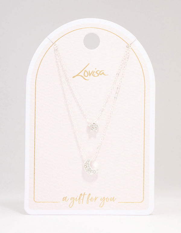 Silver Half Moon Star Double Layered Necklace