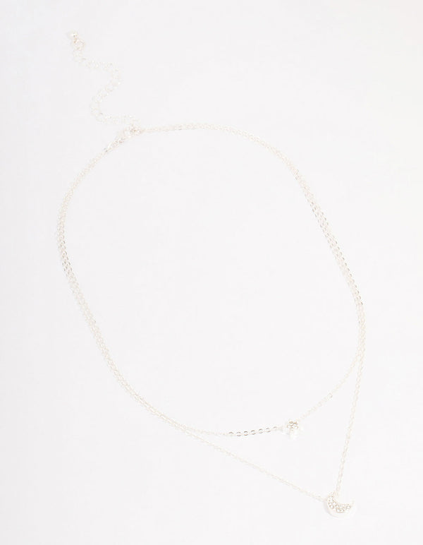 Silver Half Moon Star Double Layered Necklace
