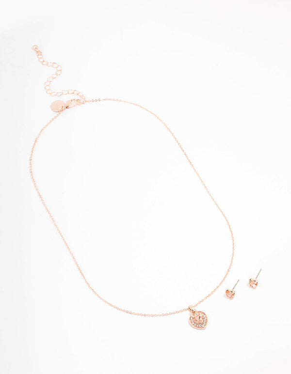 Rose Gold Heart Diamante Halo Jewellery Set
