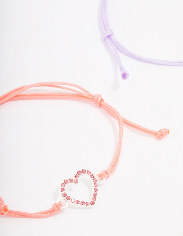 Pink & Purple Diamante Heart Cord Bracelet Pack