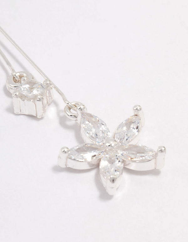 Silver Cubic Zirconia Flower Waterfall Drop Earrings