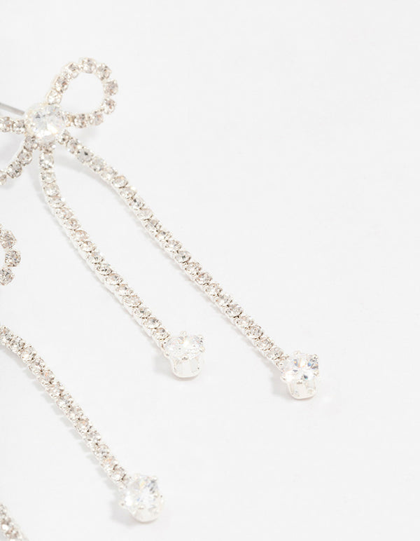 Silver Diamante Cupchain Bow Drop Earrings