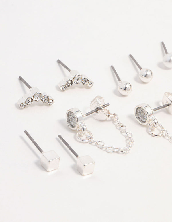 Silver Stud Chain Diamante Earring 8-Pack