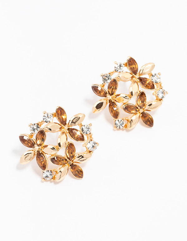 Gold Diamante Flower Cluster Stud Earrings
