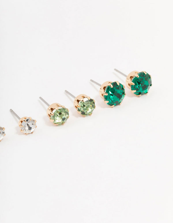 Gold Green Diamante Stud Earrings 3-Pack