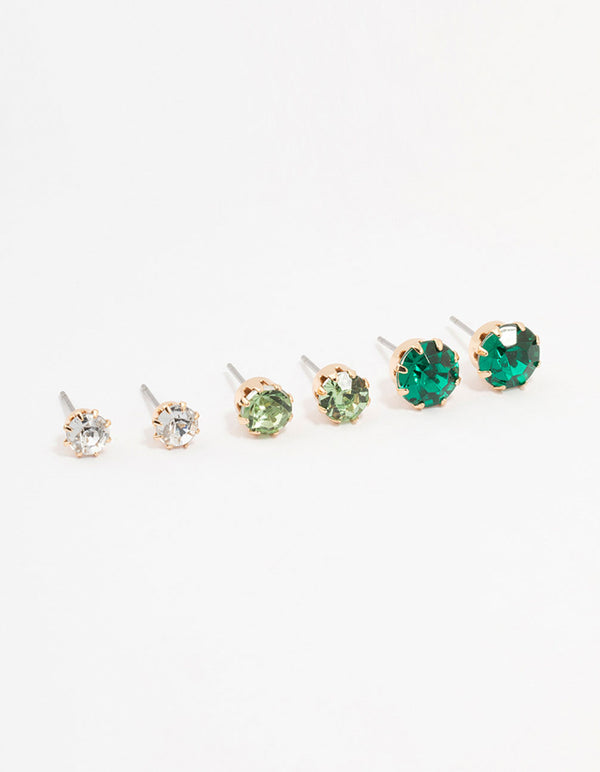 Gold Green Diamante Stud Earrings 3-Pack