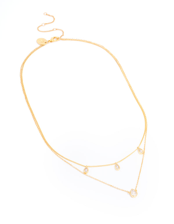 Gold Plated Brass Cubic Zirconia Teardrop Layered Necklace