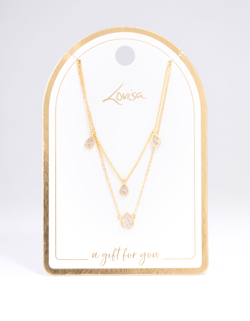 Gold Plated Brass Cubic Zirconia Teardrop Layered Necklace Lovisa