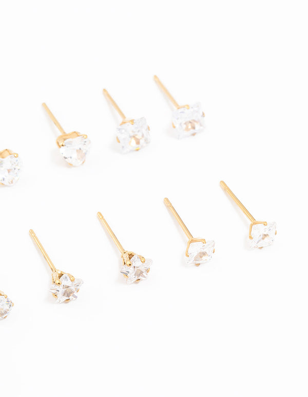 Waterproof Gold Plated Stainless Steel Cubic Zirconia Stud Earrings 6-Pack