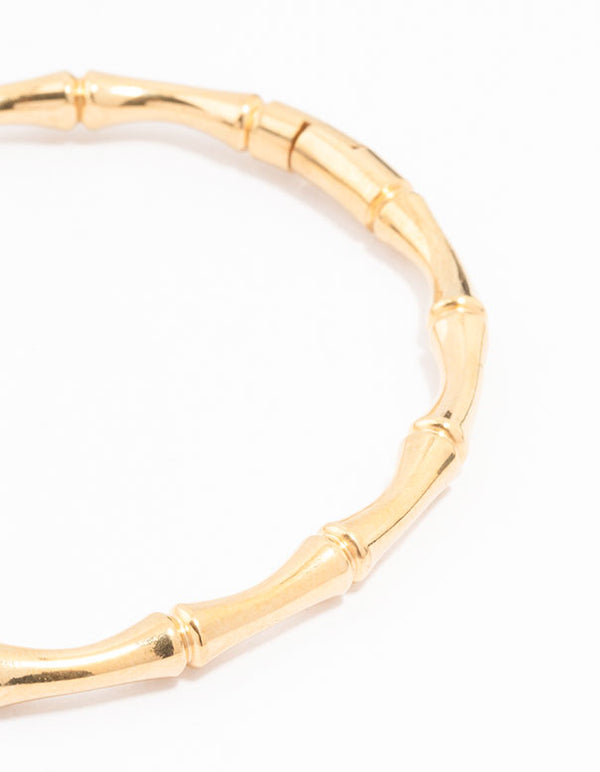 Featuring a waterproof gold plated stainless steel bamboo hinge wrist cuff bracelet close up view