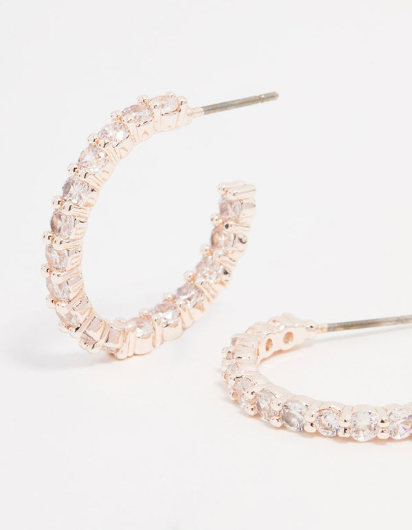 Rose Gold Plated Cubic Zirconia Medium Round Stone Hoop Earrings
