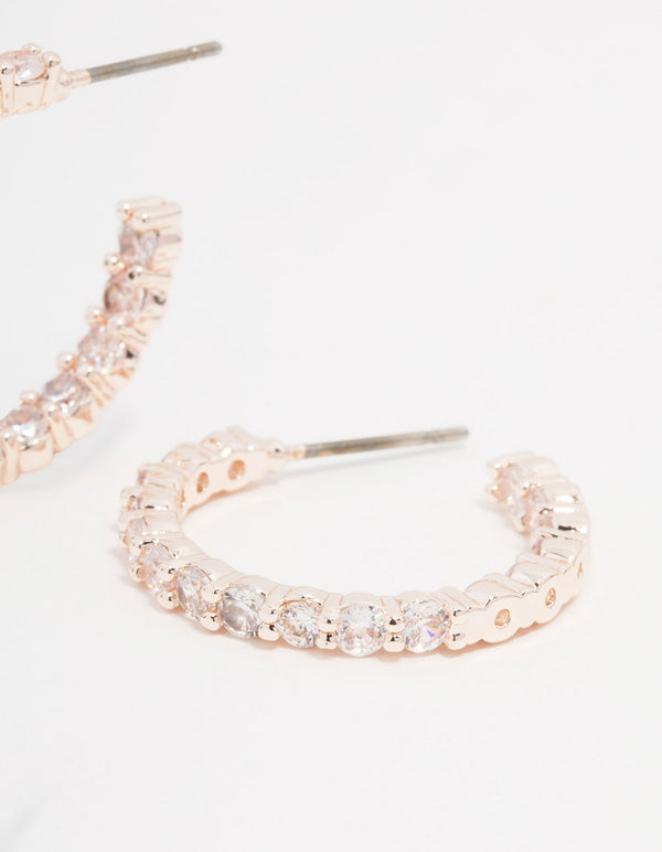 Rose Gold Plated Cubic Zirconia Medium Round Stone Hoop Earrings