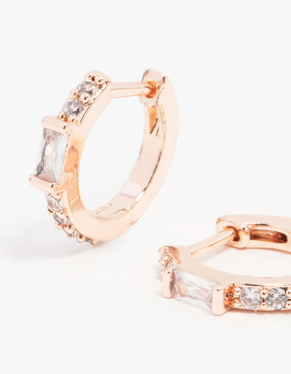 Rose Gold Plated Cubic Zirconia Mini Baguette Pave Huggie Earrings