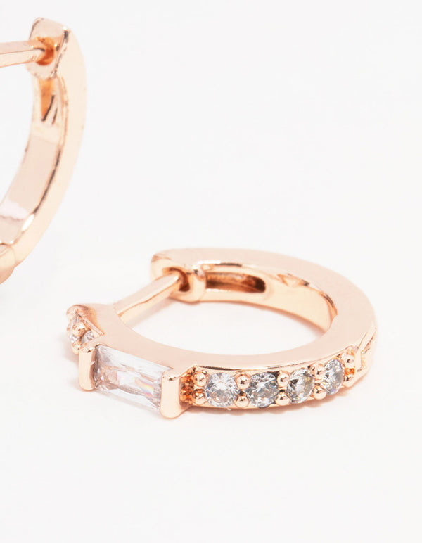 Rose Gold Plated Cubic Zirconia Mini Baguette Pave Huggie Earrings