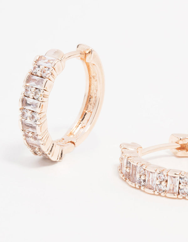 Rose Gold Plated Cubic Zirconia Pave Baguette Hoop Earrings