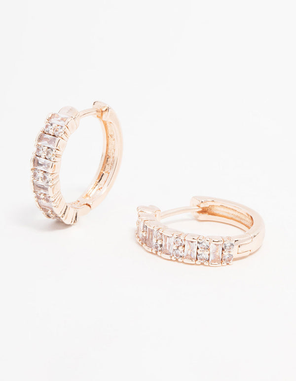 Rose Gold Plated Cubic Zirconia Pave Baguette Hoop Earrings