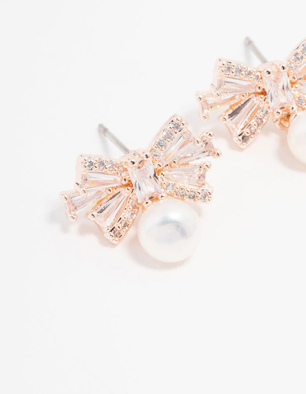 Rose Gold Plated Cubic Zirconia Baguette Bow & Pearl Drop Earrings