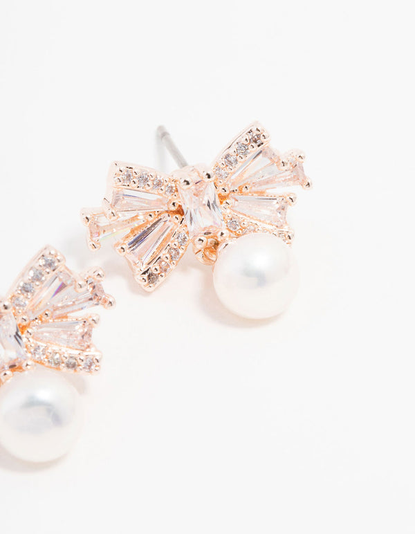 Rose Gold Plated Cubic Zirconia Baguette Bow & Pearl Drop Earrings