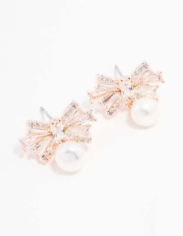 Rose Gold Plated Cubic Zirconia Baguette Bow & Pearl Drop Earrings