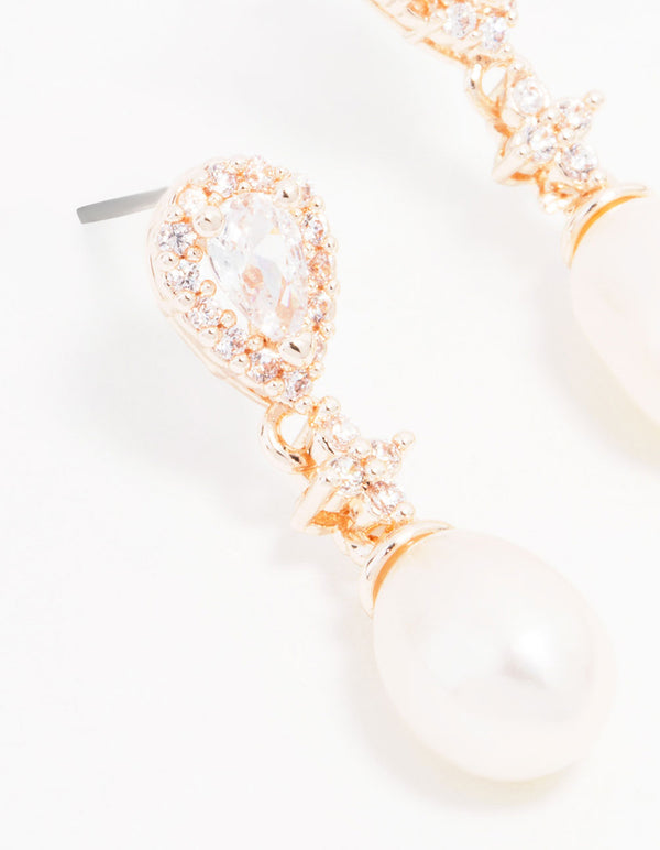 Rose Gold Plated Cubic Zirconia Halo Pearl Drop Earrings