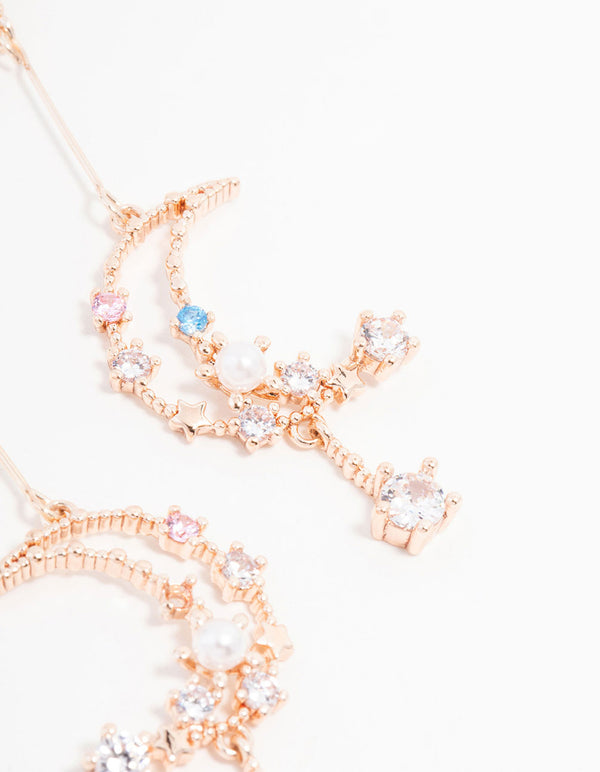 Rose Gold Plated Cubic Zirconia Moon Sparkly Drop Earrings